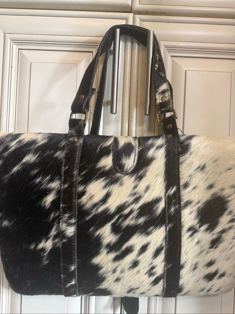 Genuine Hair-On Cowhide Leather Western Tote Shoulder Bag Black Cream Large